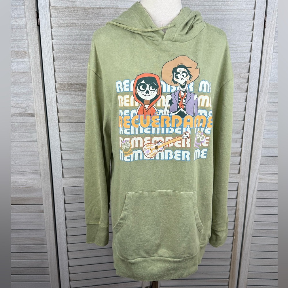 DISNEY Coco "Remember Me" Pullover Hoodie Sweatshirt Distressed Sage Green-M